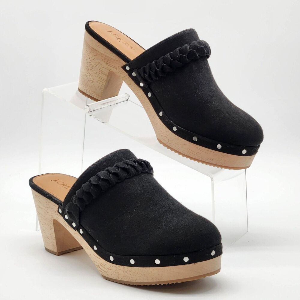 J Crew Wooden Mule Shoes Women's Size 8.5 Black Faux Suede Braided Accent Detail